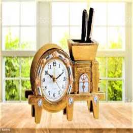 Brass Desk Clock with Pen Holder – Analog Table Clock for Office Desk, Study Table & Gift Use